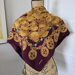 Vintage CHANEL burgundy silk scarf featuring gold chain medallion print motif 34